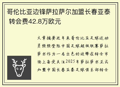 哥伦比亚边锋萨拉萨尔加盟长春亚泰 转会费42.8万欧元