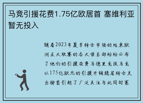 马竞引援花费1.75亿欧居首 塞维利亚暂无投入